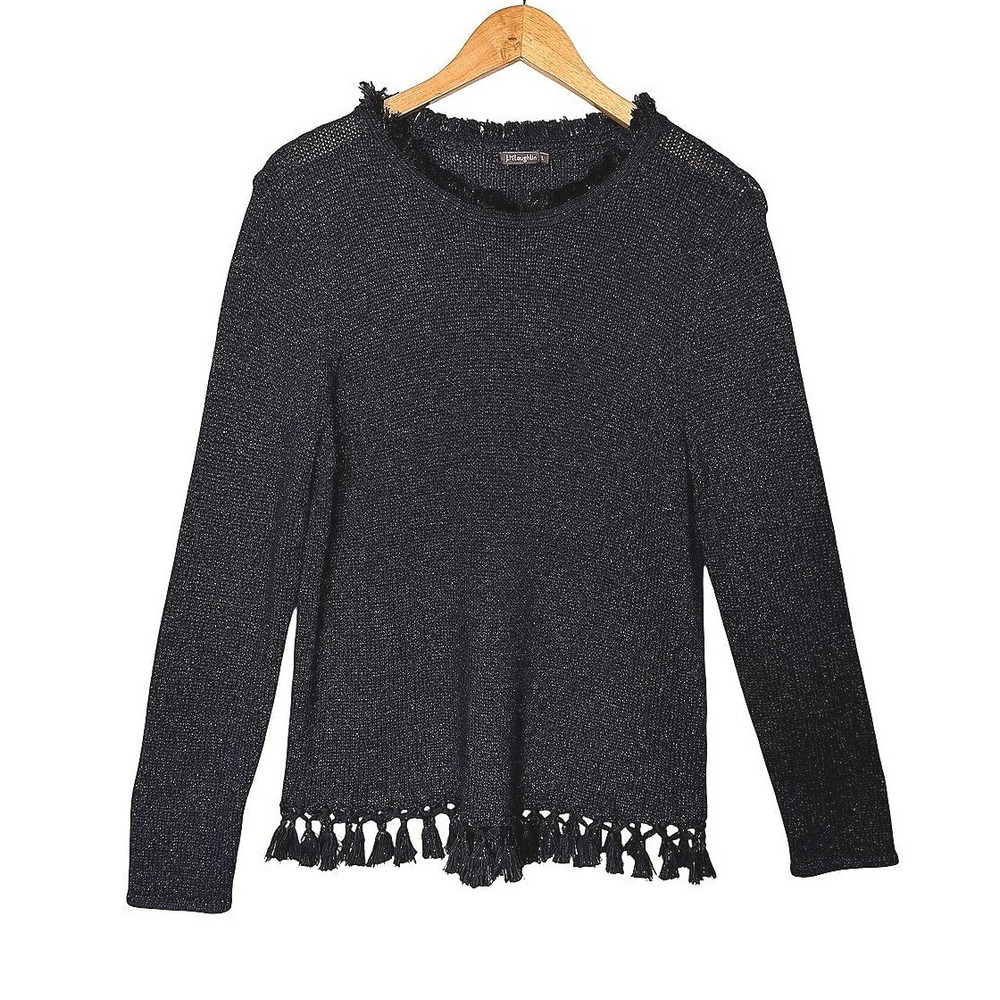 J.McLaughlin Womens Regular Pullover Sweater Large Black Cotton Metallic Fringe